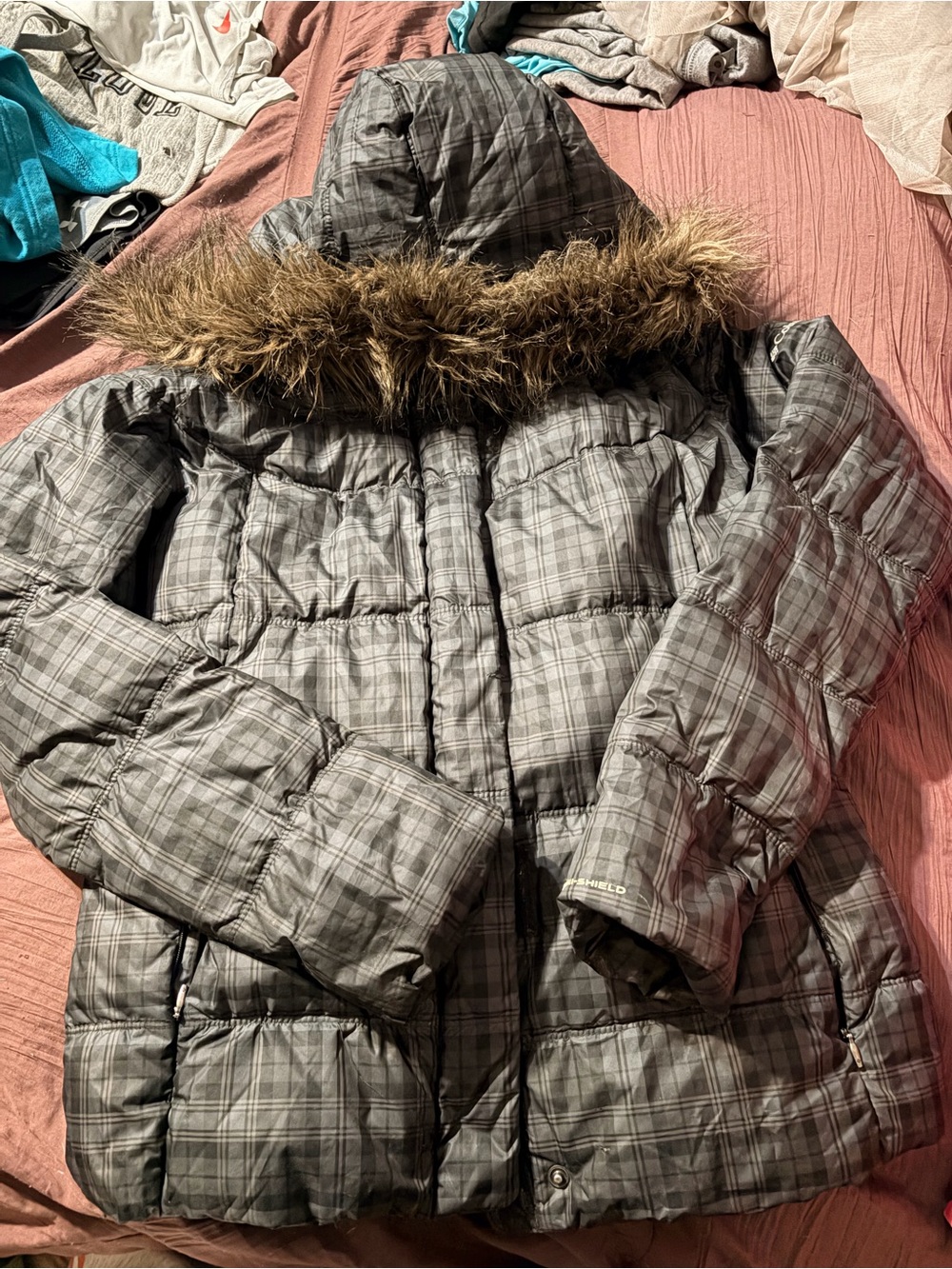 Columbia Gray Plaid Puffy Coat with Faux Fur Hood Trim